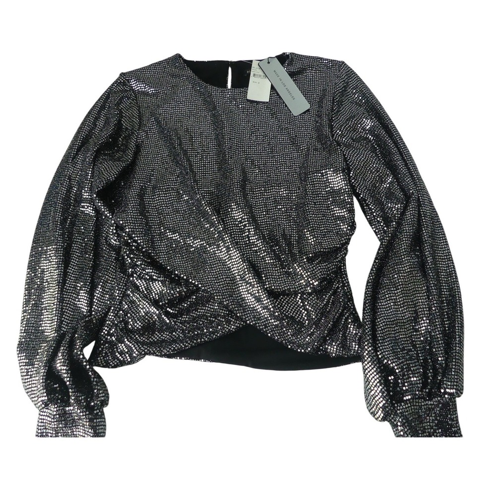 Black Halo Silver Metallic Sequin Twist Front Balloon Sleeve‎ Top Size 8 NWT